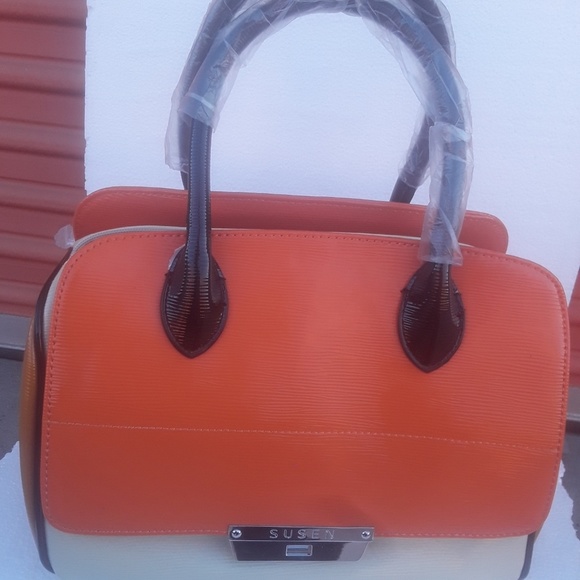 NEW Black Orange Tan Patent color block Doctor Bag Purse Satchel Handbag Chain - Picture 7 of 7